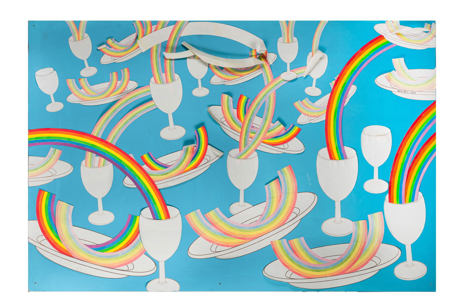 § PATRICK HUGHES (BRITISH, b. 1939): PATRICK HUGHES (BRITISH, b. 1939)Rainbowssigned and dated 'Patrick Hughes, 2002' (upper right)acrylic, watercolour, pen & ink and collage on board 122 x 1