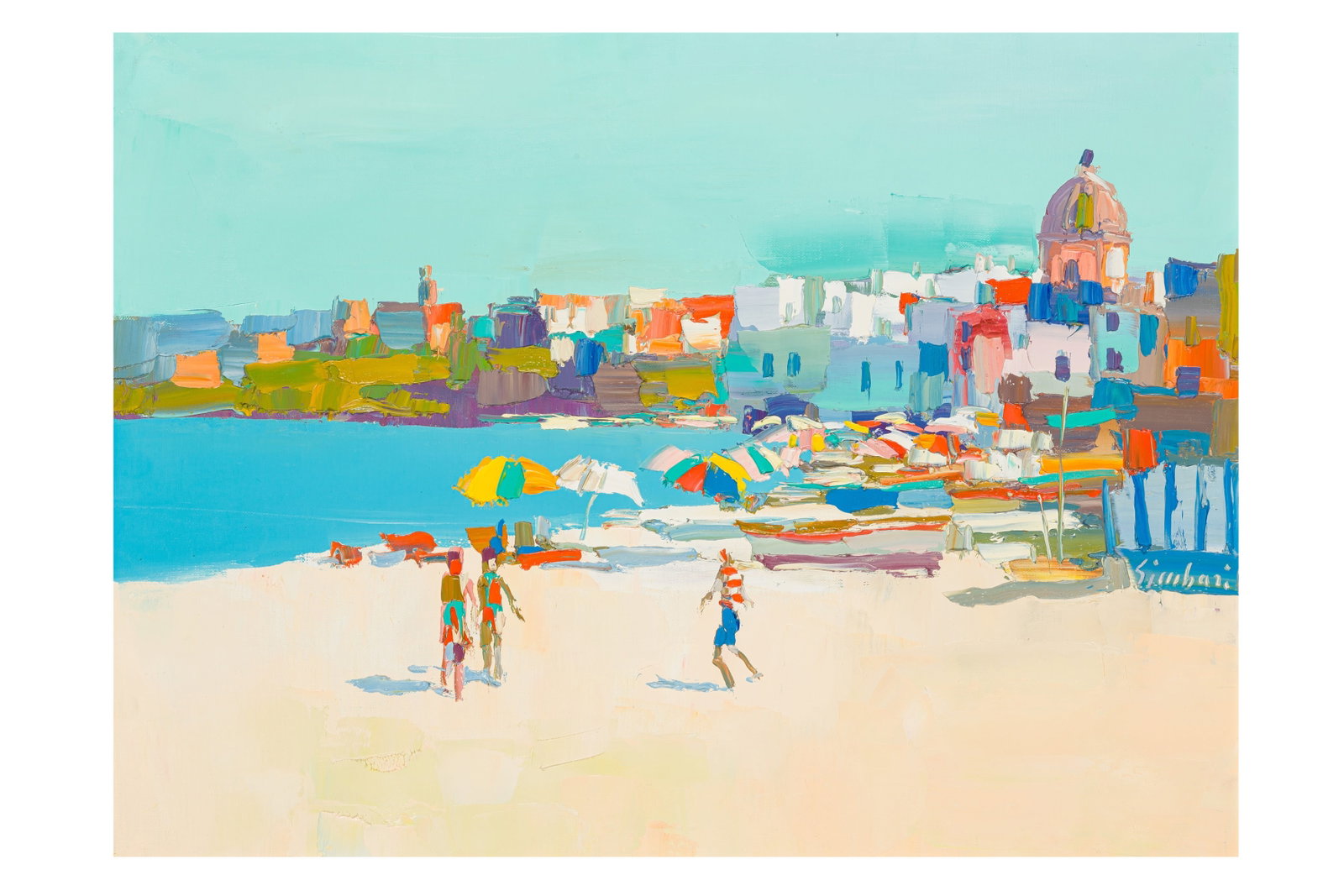 § NICOLA SIMBARI (ITALIAN, 1927-2012): NICOLA SIMBARI (ITALIAN, 1927-2012) Beach Scene Venice signed 'Simbari' (center right) acrylic on canvas 60 x 80 cm. (23 5/8 x 31 1/2 in.)