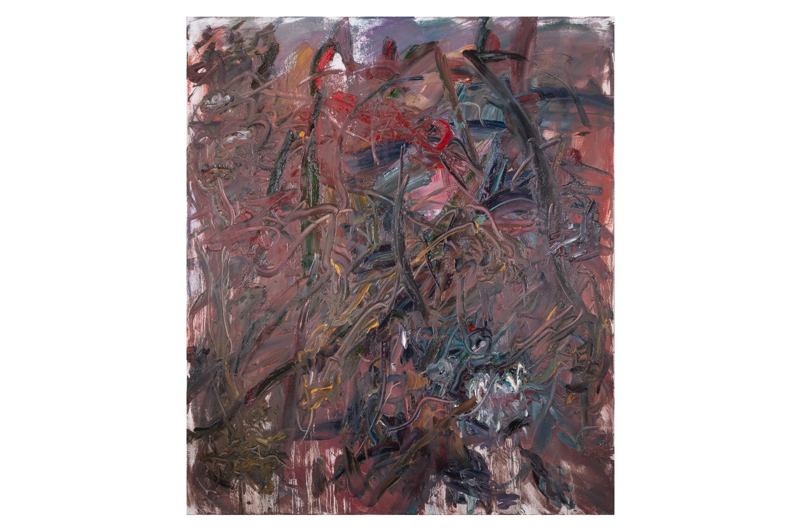 § CHEN PING (CHINESE, b.1962): CHEN PING (CHINESE, b.1962)Forest, Red Bird, Blue Beas, Men oil on canvas183 x 210 cm. (72 x 82 5/8 in.)Painted in 2013