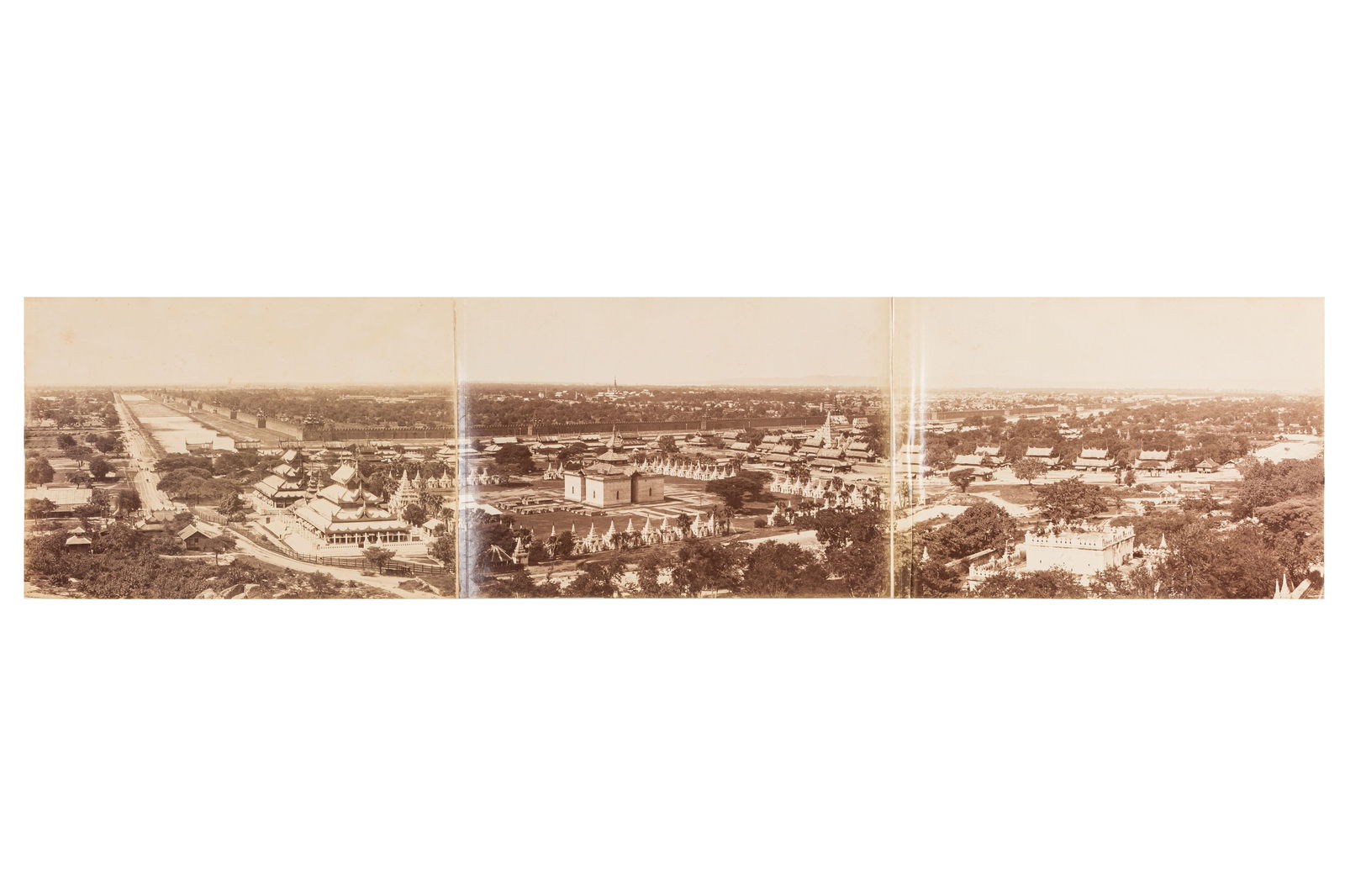 Felice Beato (1832-1909), attr.: Felice Beato (1832-1909), attr. PANORAMA OF MANDALAY BAY, FROM MANDALAY HILL, BURMA, 1887. Albumen print panorama in three parts, with each part joined to from a continuous view measuring 179 x 762mm