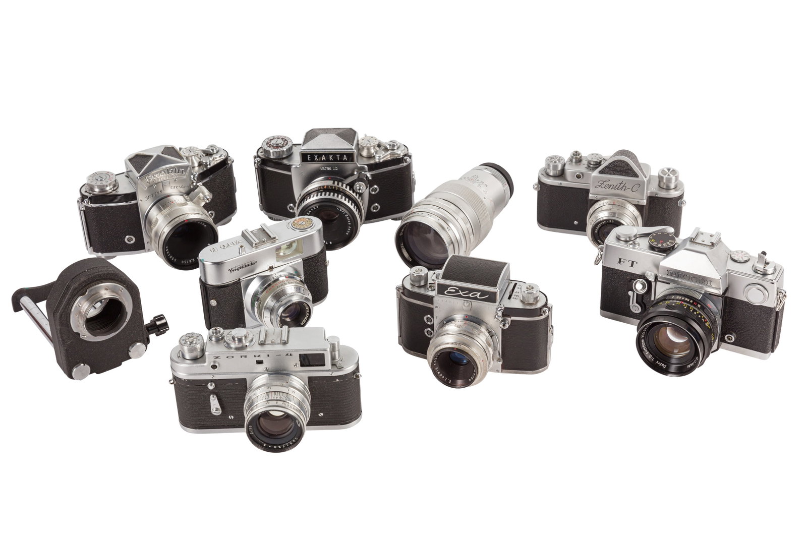 A Selection of European Mid Century Cameras: A Selection of European Mid Century Cameras Including a Exacta Varex IIa with CZJ 50mm f/2.8 Tessar in maker's presentation box with original guarantee and invoice, a Exacta Varex IIb CZJ 50mm f/2.8 T