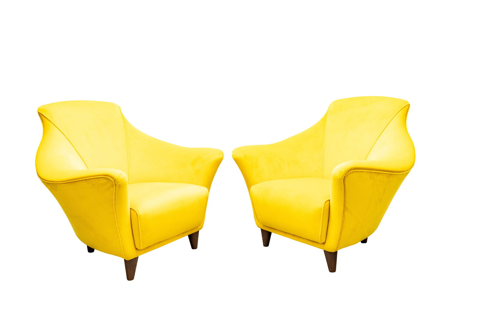 IN THE MANNER OF GIO PONTI (ITALIAN 1891-1971): Pair of open armchairs, circa 1950s Velvet upholstery, canvas lining, stained beach Unmarked 87cm high x 69 wide x 90cm deep