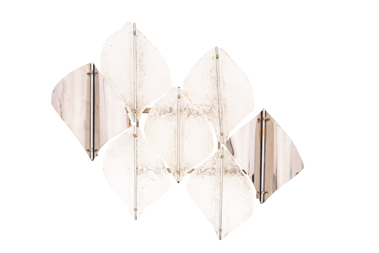 ATTRIBUTED TO ANGELO BROTTO (ITALIAN 1914-2002): Pair of wall sconces, circa 1975 Frosted glass, metal Unmarked 52cm high x 68cm wide