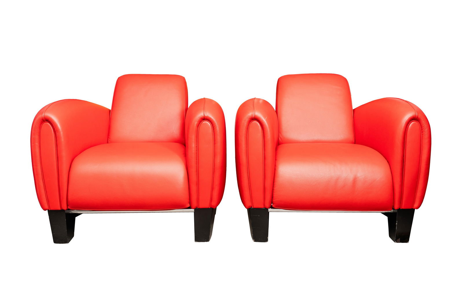 FRANZ ROMERO (SWISS) FOR DE SEDE, ITALY: Pair of Bugatti D57 chairs, circa 1980s Red leather, stained teak Paper label and monogramed lining 66cm high x 84cm wide x 85 cm deep