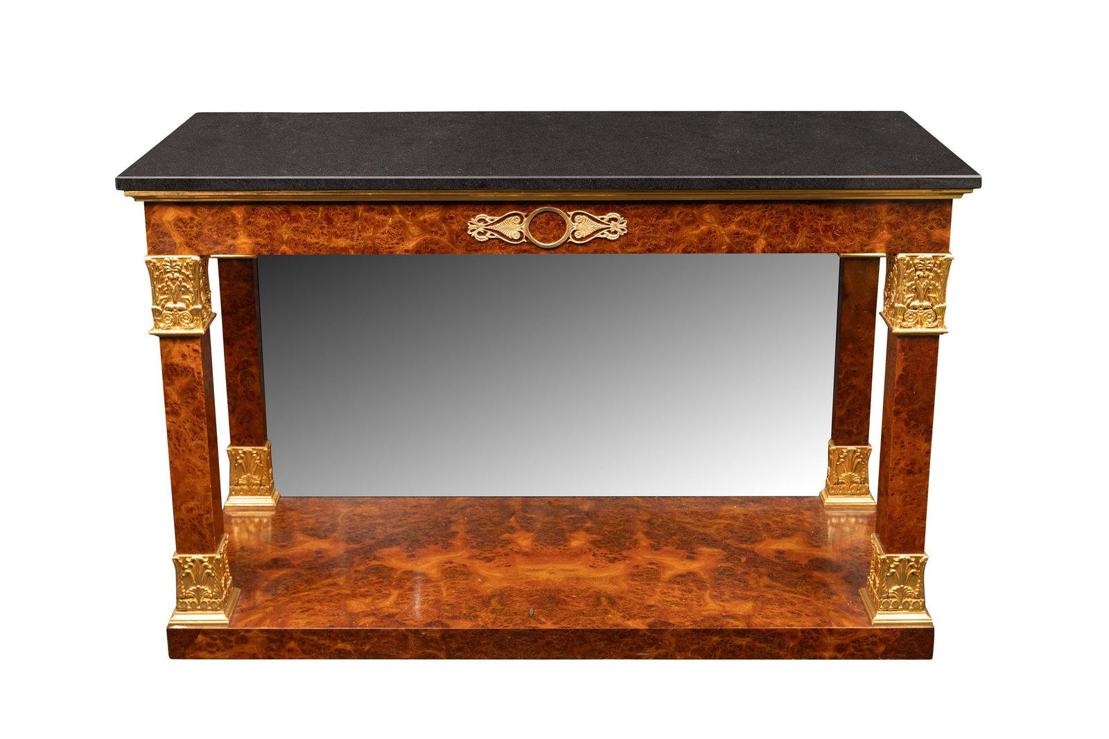 A FRENCH EMPIRE STYLE CONSOLE TABLE, 20TH CENTURY: A FRENCH EMPIRE STYLE CONSOLE TABLE, 20TH CENTURY, with a polished burr wood veneer and black stone top, the rectangular surface raised on four square tapering legs decorated with gilt acanthus mounts