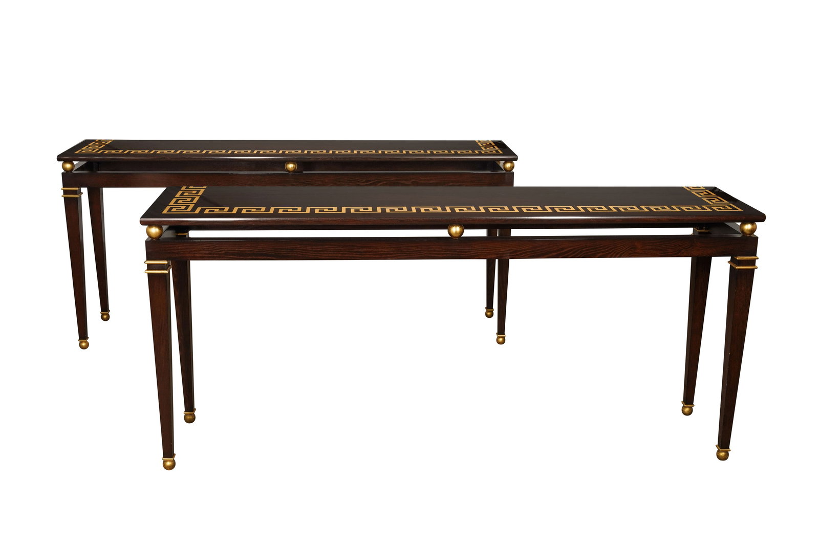 ATTRIBUTED TO JOHN HUTTON (AMERICAN 1947-2006): Pair of Art Deco style console tables, circa 2000sBlack lacquered wood, golf leaf decoration81cm high x 180cm wide x 40cm deep