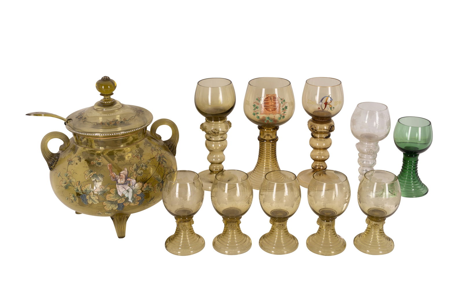 A GROUP OF GERMAN GLASSWARE, LATE 19TH TO EARLY 20TH CENTURY: A GROUP OF GERMAN GLASSWARE, LATE 19TH TO EARLY 20TH CENTURY, including; a weinbowle (punchbowl) with cover and ladle by Fritz Heckert in Petersdorf, German Empire, circa 1900, decoration designed by