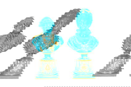 A PAIR OF BLEU CELESTE SEVRES STYLE PORCELAIN BUSTS OF MARIE ANTONETTE AND LOUIS XVI (1 of 3)
