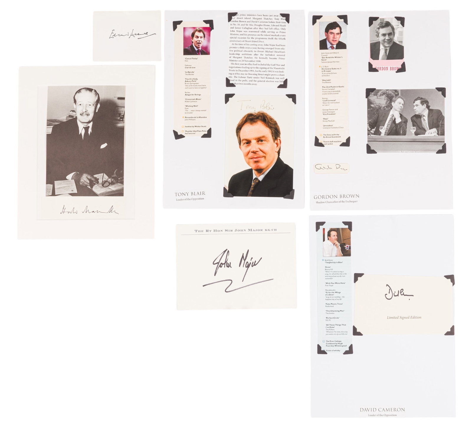 Autograph Collection.- British Prime Ministers: Autograph Collection.- British Prime Ministers Group of signatures by British Prime Ministers, comprising: Edward Heath, John Major, David Cameron, Gordon Brown, Tony Balir and Harold Macmillan, all m
