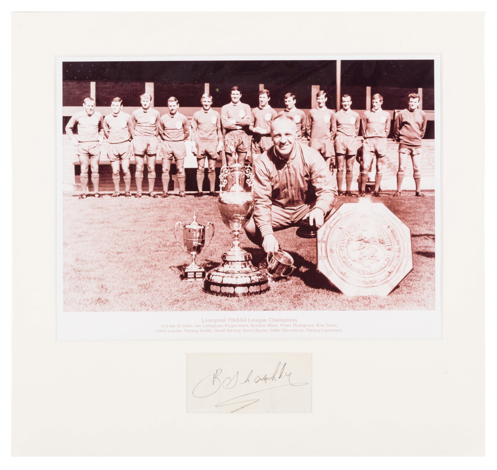 Liverpool F.C.- Bob Paisley & Bill Shankly: Liverpool F.C.- Bob Paisley & Bill Shankly Signatures by two of the greatest managers of Liverpool F.C., Bob Paisley and Bill Shankly, individually mounted for display, 12 x 12.7" and 9.5 x 6.7" (