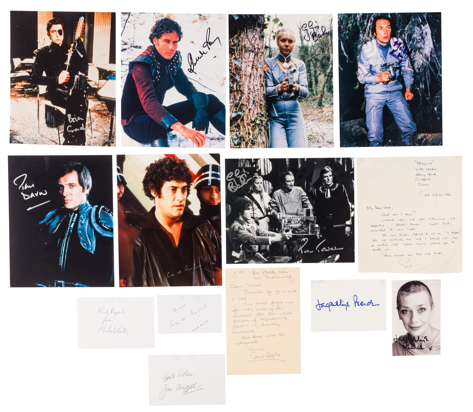 Blakes 7: Blakes 7Group of cards and photographs signed by cast members of the sci-fiction 'Blakes 7', including: Peter Tuddenham, Glynis Barber, Gareth Thomas (x2), Paul Darrow (x2), Michael Keating (x 2), Ste