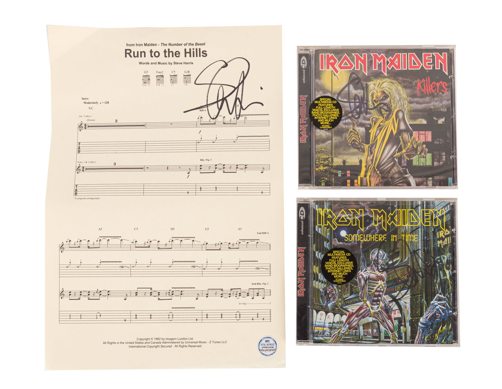 Iron Maiden.- Steve Harris: Iron Maiden.- Steve Harris Printed music score of 'Run to the Hills', signed in black felt tip by Steve Harris, one page, light handling wear, 4to; with two CDs of 'Killers' and 'Somewhere in Time' si