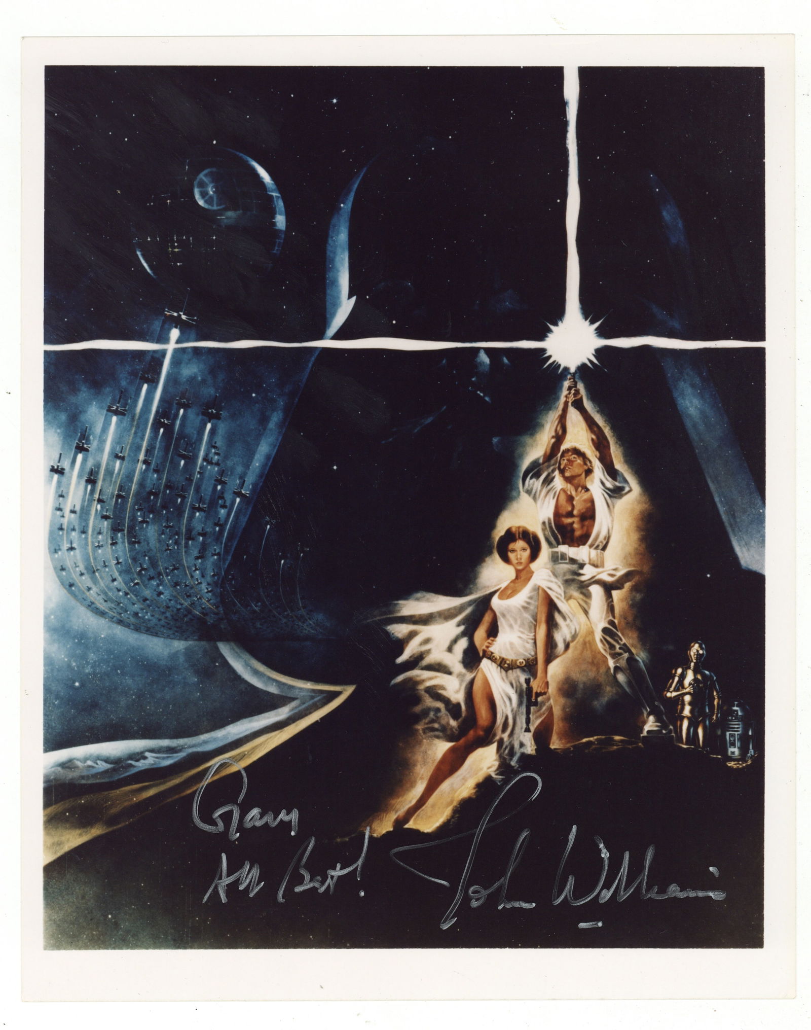 Star Wars Interest.- John Williams: Star Wars Interest.- John Williams Glossy colour photographic reproduction of the movie poster for the first Star Wars movie, signed and inscribed in silver ink "Gary, All the best! John Williams", 10