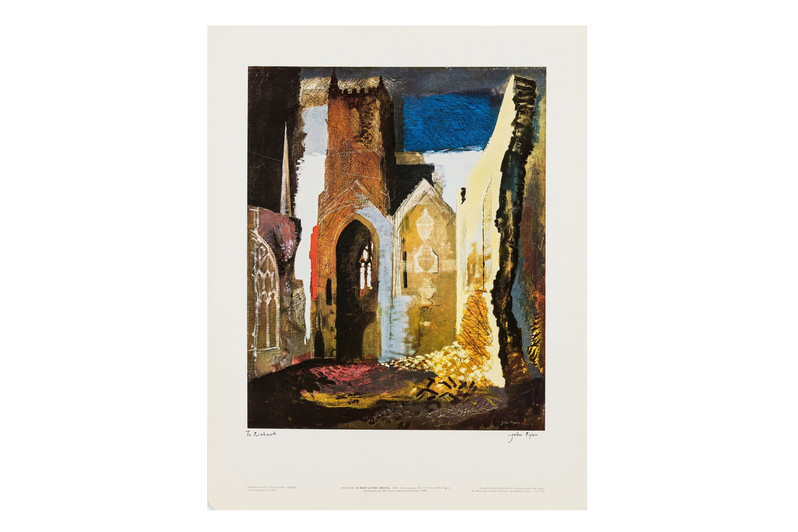 § Piper (John): Piper (John) St. Mary Le Port, Bristol, 1940, colour lithograph, signed and inscribed "To Richard, John Piper" below the image, small loss to lower left corner, light creasing, published by The Tate