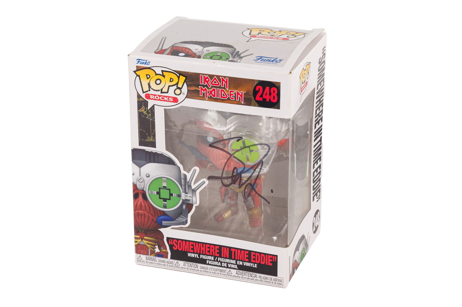 Iron Maiden.- Steve Harris: Iron Maiden.- Steve Harris An Iron Maiden #248 'Somwhere in Time Eddie' Funko Pop vinyl figure, signed by Steve Eddie across the front of the box 16 x 11.5 x 8.7cm