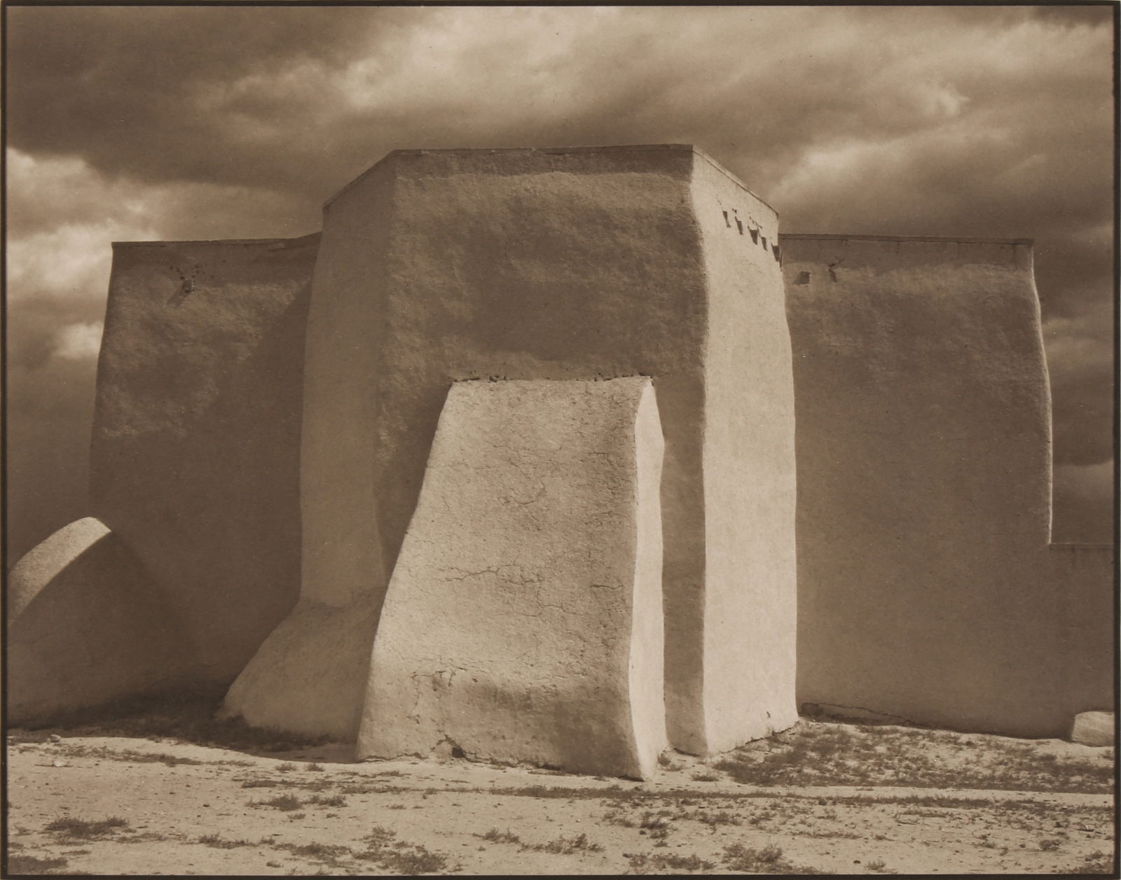 Paul Strand (1890-1976): Paul Strand (1890-1976) ST FRANCIS CHURCH, RANCHOS DE TAOS, 1931. Palladium print, printed by Richard Benson in 1984, image size 17.2 x 21.5cm, editioned 63/100 in pencil verso. Housed in a blue cloth