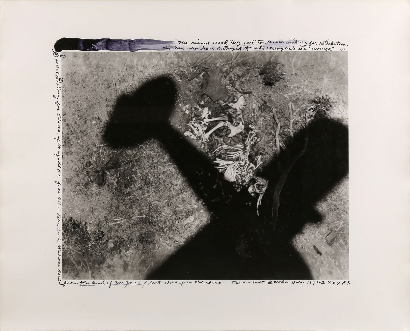 § Peter Beard (1938-2020): Peter Beard (1938-2020) STARVO NATIONAL PARK AT THE BEGINNING OF THE DIE-OFF (30-40,000 ELES), ARUBA DAM, TSAVO EAST, KENYA, 1971-2. Silver gelatin print with ink, executed later, image size 28 x 35cm