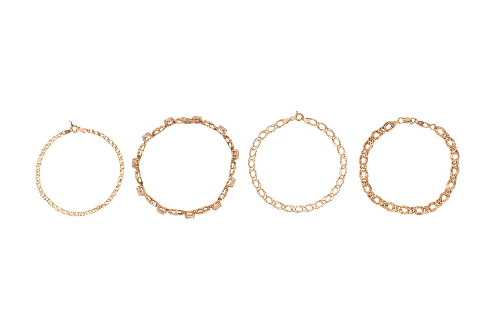 FOUR BRACELETS: FOUR BRACELETS, To include three double curb-chain bracelets (one clasp broken), and a diamond imitation fancy-link bracelet, all set in 9ct yellow gold, maker's mark, UK import mark, lengths varying