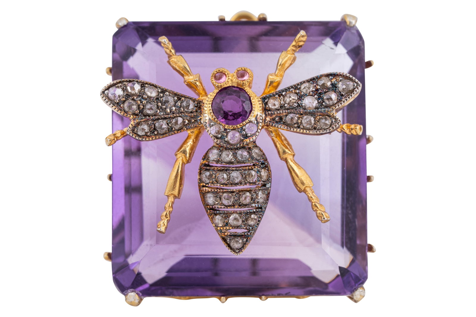 AN AMETHYST AND DIAMOND BEE PENDANT: AN AMETHYST AND DIAMOND BEE PENDANT, The rectangular step-cut amethyst applied with applied bee motif, the abdomen set with rose-cut diamonds, the head with a circular-cut pink sapphire, to circular p