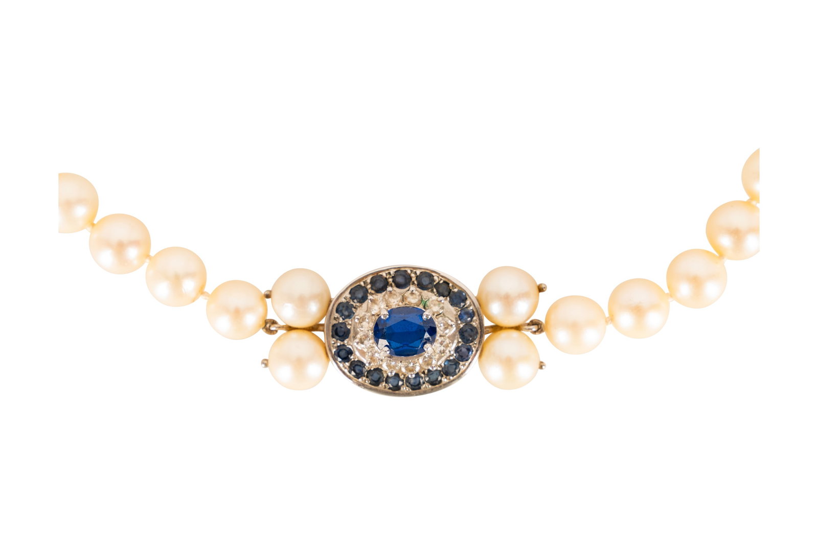 A CULTURED PEARL, SAPPHIRE AND DIAMOND NECKLACE (1 of 2)