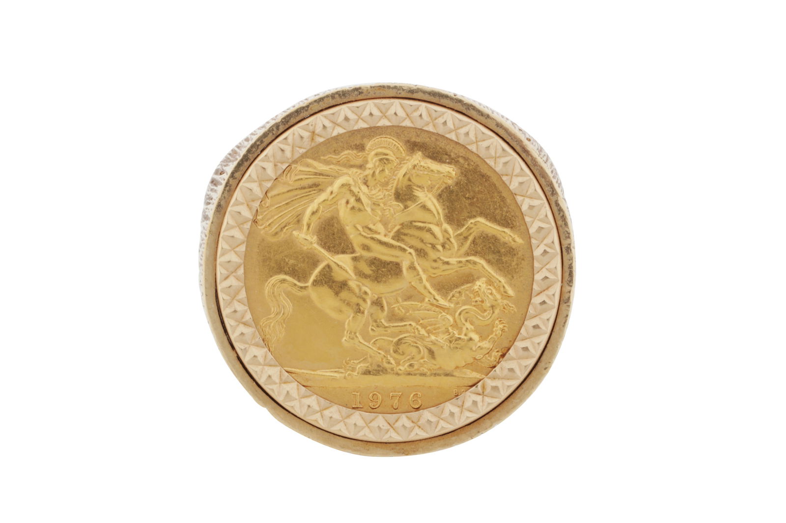 A SOVEREIGN RING, CIRCA 1980: A SOVEREIGN RING, CIRCA 1980, The young Elizabeth II sovereign coin, dated 1976, bezel-set to a textured surround and textured shoulders, maker's mark, UK hallmark, size Y½, weight 18.1 grams