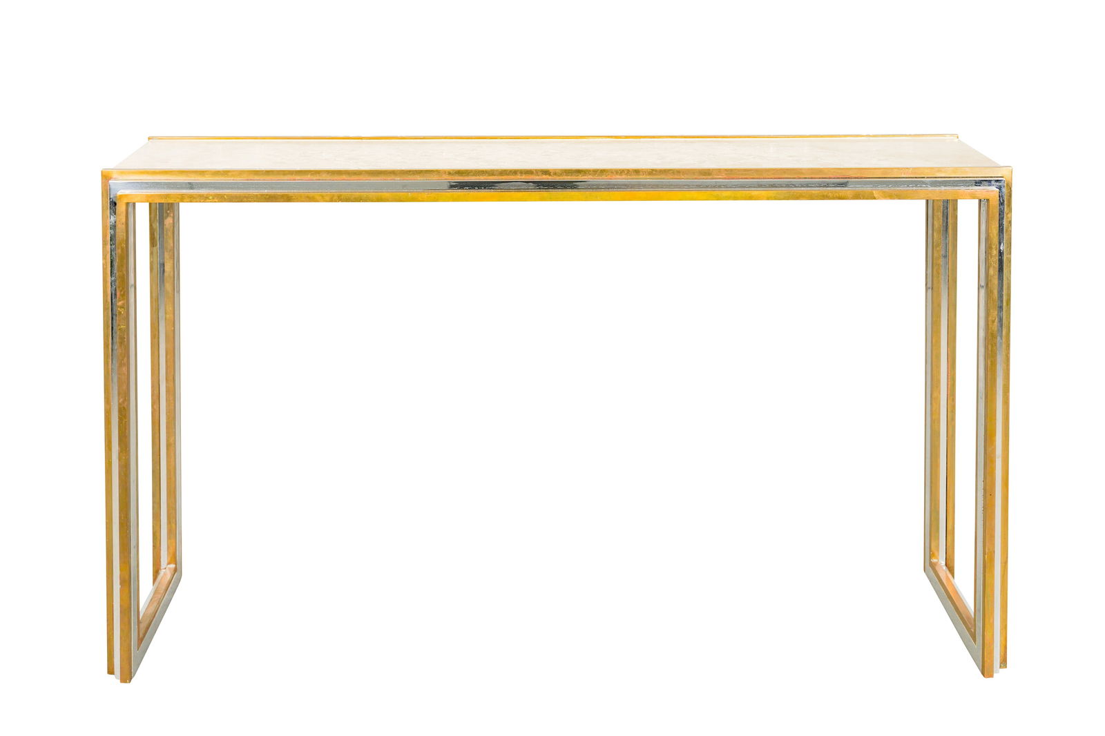 Attributed to Renato Zevi (Italian XX) for Romeo Rega: Attributed to Renato Zevi (Italian XX) for Romeo RegaConsole table, circa 1970sBronzed and gilded chrome, marble82cm high x 139.5cm wide x 39cm deep