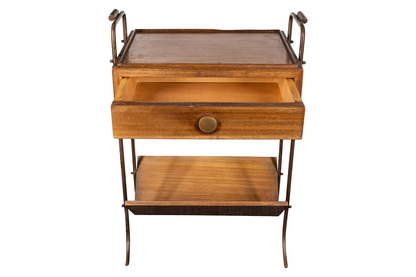 In the manner of Jacques Hitier (French 1917-1999): In the manner of Jacques Hitier (French 1917-1999)Side or occasional table with integrated rack, circa 1940sStained wood, coppered brass61.5cm high x 45cm wide x 30cm deep