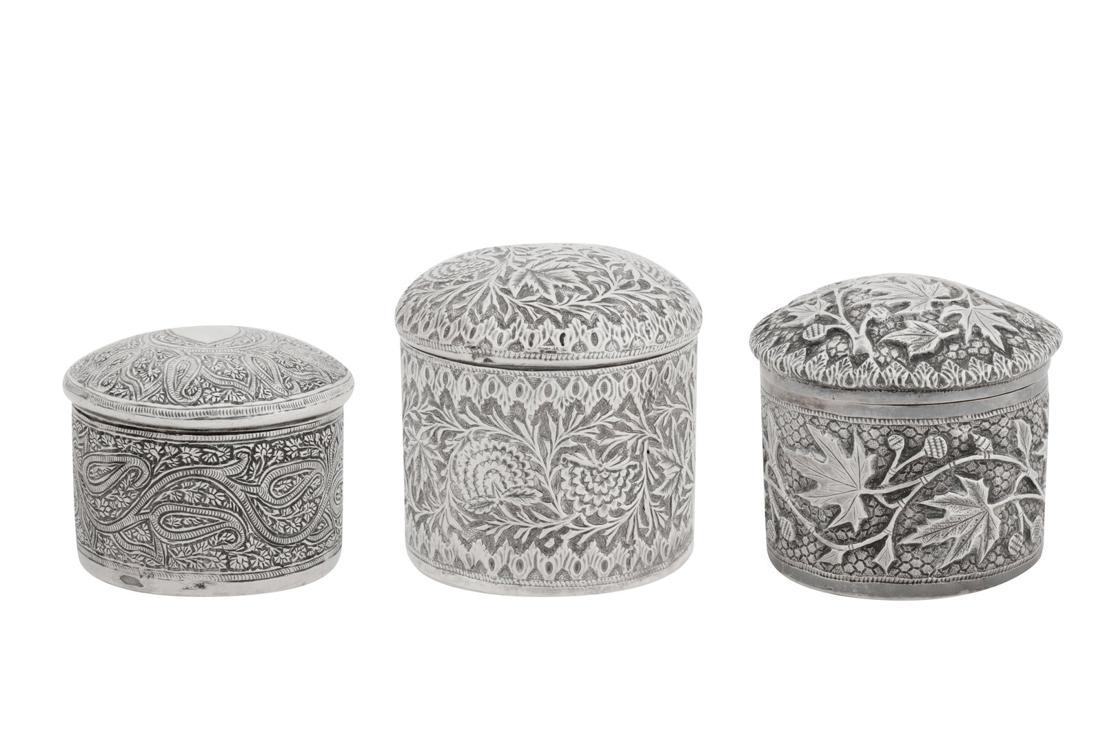 Three late 19th / early 20th century Anglo – Indian unmarked silver dressing table jars, (1 of 4)