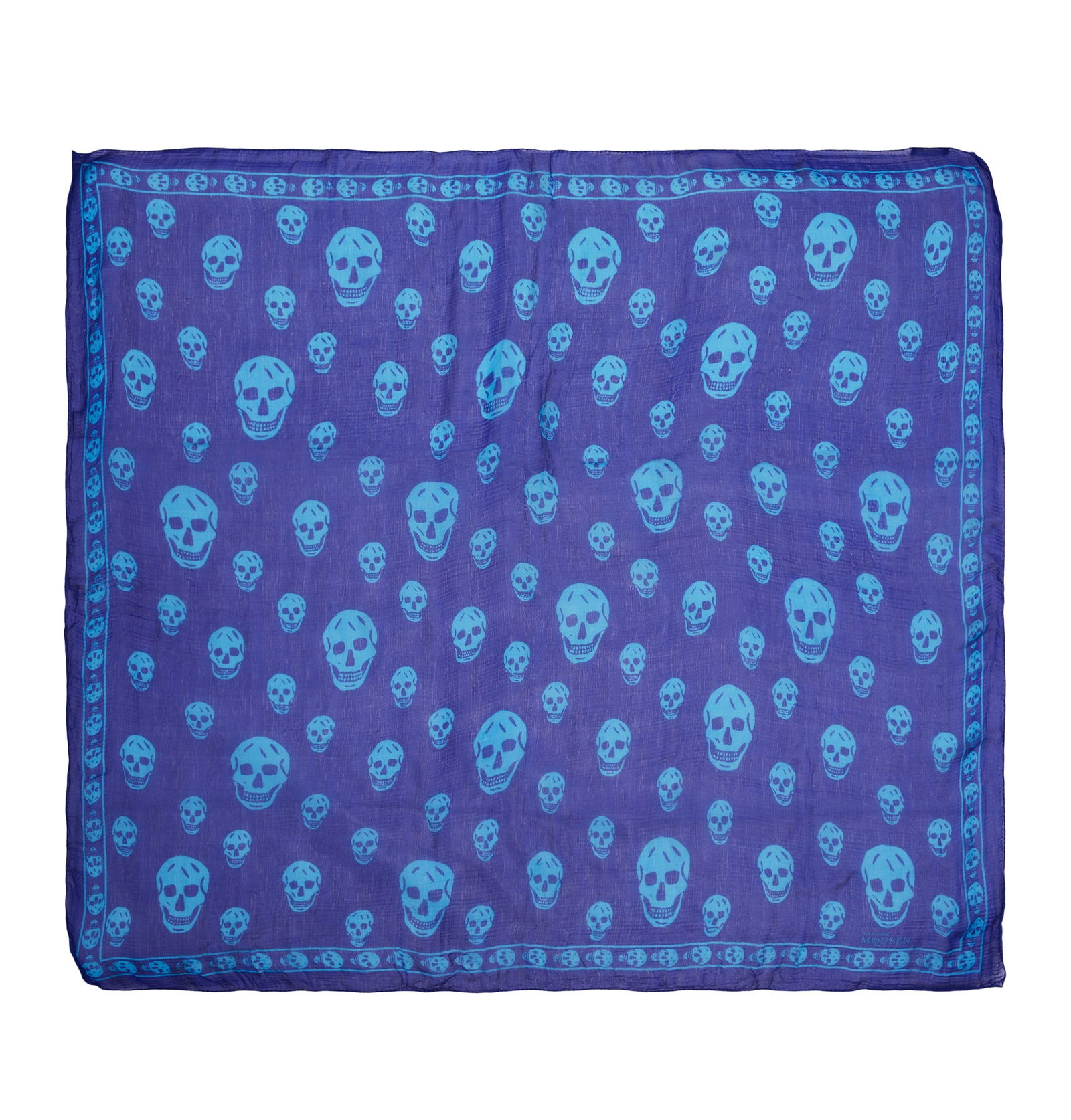 Alexander McQueen Royal Blue Skull Silk Scarf: Alexander McQueen Royal Blue Skull Silk Scarf, aqua blue skull design 120 x 120 cm Grade B+ Please log in to Chiswick Live account to view condition report