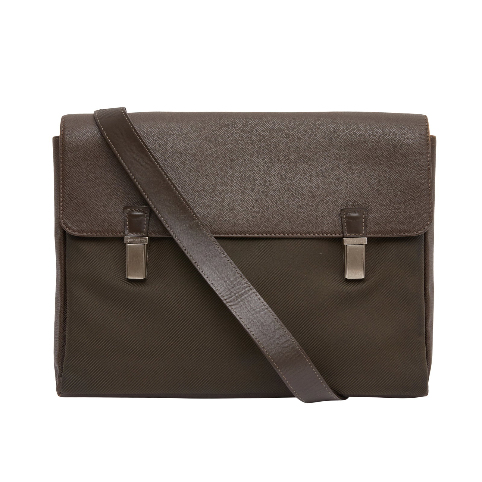 Louis Vuitton Tiaga Grizzli Taiga Sartov Messenger: Louis Vuitton Tiaga Grizzli Taiga Sartov Messenger, canvas fabric, grained leather trim and strap, brushed silver tone hardware 35 w x 27 h x 4 d cm Date code (VI10140), 2010 Includes dustbag Grade B-