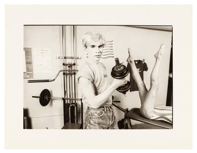 Christopher Makos (b. 1948): Christopher Makos (b. 1948) ANDY WARHOL AT SOHO FITNESS, 1982, silver gelatin print, image size 19.7 x28cm, sheet size 27.5 x35.5cm,signed, dedicated, dated 1982, editioned A/P 1/2 in pencil and with
