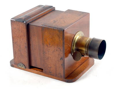 An English Sliding Box Wet Plate Camera c.1860s.: An English Sliding Box Wet Plate Camera c.1860s. Possibly by Shepherd London. Mahogany, with fine dovetailed joints and designed for 5" x 5" exposures. With ground glass back. Complete with unmarked b