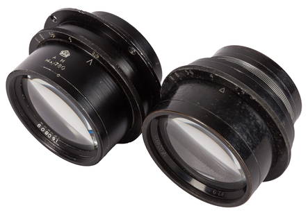 A Pair of J.H Dallmeyer 8" f/2.9 Pentac Air Ministry Lenses: A Pair of J.H Dallmeyer 8" f/2.9 Pentac Air Ministry Lenses Serial No: 0249378 / 160809 Body: G Optics: 0249378 - mark to front element and some haze, 160809 Notes: both with Air Ministry contract num
