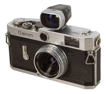 A Canon P Rangefinder Outfit with Rare 25mm f/3.5 Lens & Viewfindwer: A Canon P Rangefinder Outfit with Rare 25mm f/3.5 Lens Serial No: 751636 Body: G Shutter: working Lenses Canon 25mm f/3.5 Lens (L3133) 50mm f/2.8 (36266) Optics: F Notes: 25mm lens complete with viewf