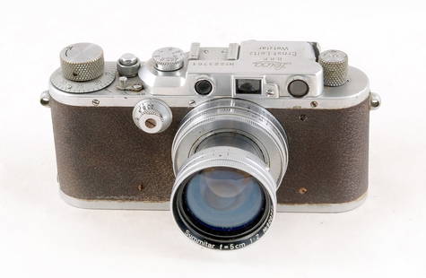 Leica IIIa Camera with 5cm Summitar Lens.: Leica IIIa Camera with 5cm Summitar Lens. Body #223761. Shutter firing, speeds sound OK but not tested for accuracy (signs of heavy use). With a 5cm f2 collapsible Summitar lens #900777 (slight separa