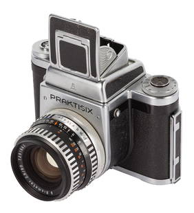 A KW Praktisix Medium Format SLR Camera: A KW Praktisix Medium Format SLR Camera Serial No: 32290 Body: F - missing two retaining screws on top plate Shutter: working Lens: Carl Zeiss Jena 80mm f/2.8 Biometa (7291883) Optics: VG/E Notes: