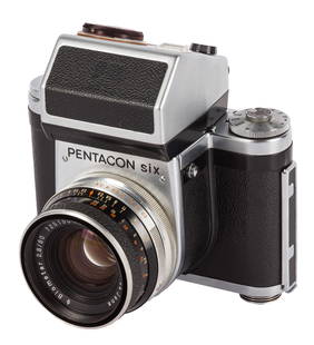 A Metered Pentacon Six Medium Format SLR Camera: A Metered Pentacon Six Medium Format SLR Camera Serial No:1730 Body: VG/E Shutter: working Lens: Carl Zeiss Jena 80mm f/2.8 Biometar (7251501) Optics: VG/E Notes: complete with maker's lens cap, meter