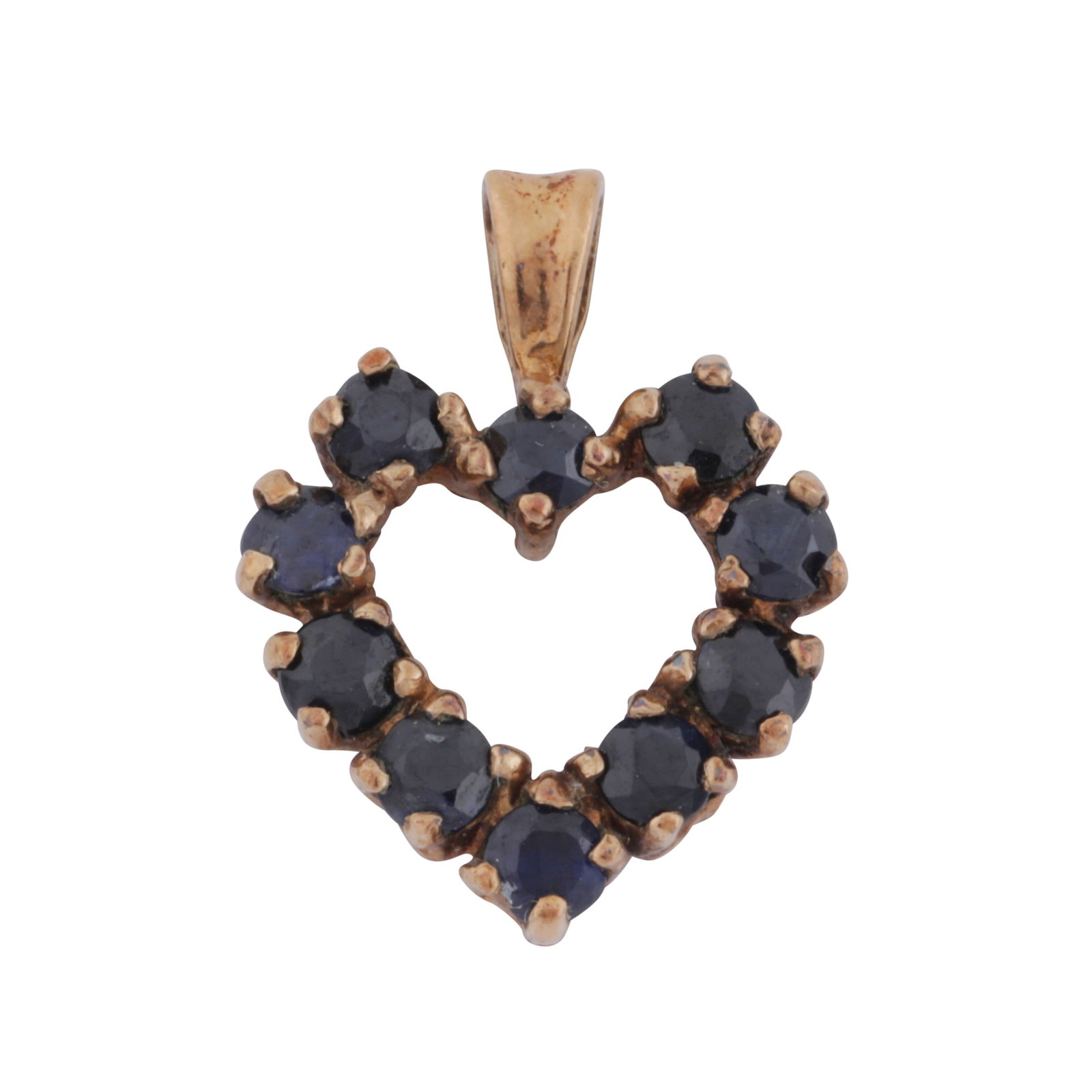 A sapphire heart pendant: A sapphire heart pendant Of openwork design, claw-set with circular-cut sapphires, mounted in 9ct yellow gold, maker's mark, UK hallmark, length 1.8cm, weight 1.6grs