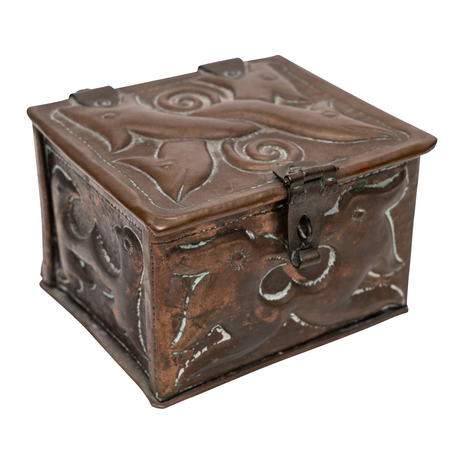 John Pearson (British, 1859-1930): John Pearson (British, 1859-1930) Arts and Crafts hinged casket with stylised dolphins en repousse Hammered copper Underside signed and dated 'J.P. 1894' 8cm high x 11cm wide x 10.5cm deep