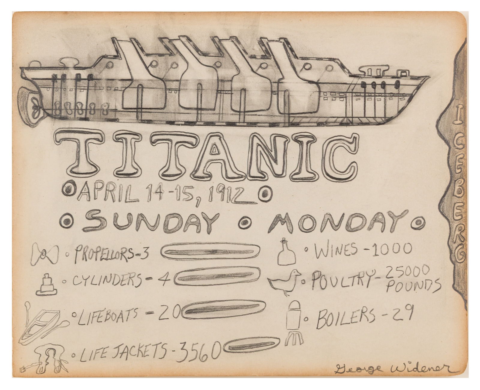 George Widener (American, b.1962): George Widener (American, b.1962) Titanic signed 'George Widener' (lower right) pencil 16.5 x 19.7 cm. (6 1/4 x 7 3/4 in.) Executed in 2010