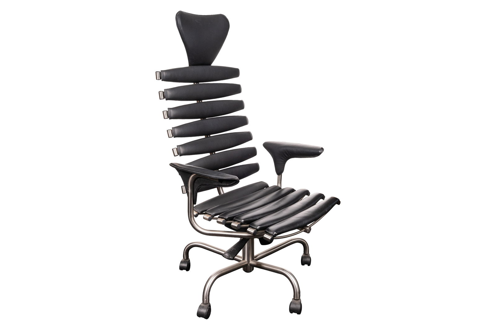 De Sede, Switzerland: De Sede, Switzerland ‘Skeleton DS2100’ chair, circa 2000s Black leather, chrome 'S' plaque to underside 138cm high x 68cm wide x 72cm deep