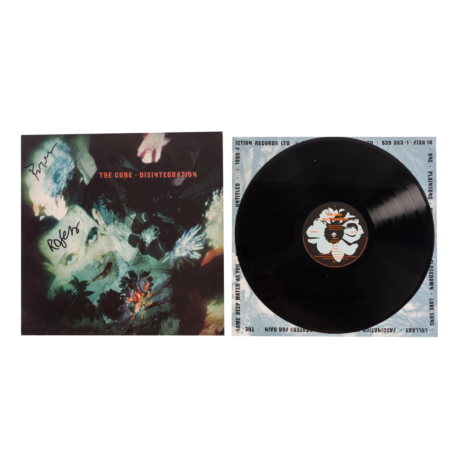 The Cure 12" vinyl copy of the album Disintegration, signed by Robert Smith, Simon Gallup, Porl Tho: The Cure 12" vinyl copy of the album Disintegration, signed by Robert Smith, Simon Gallup, Porl Thompson, Boris Williams and Roger O'Donnell signatures in felt tip on front of sleeve, minor handling w