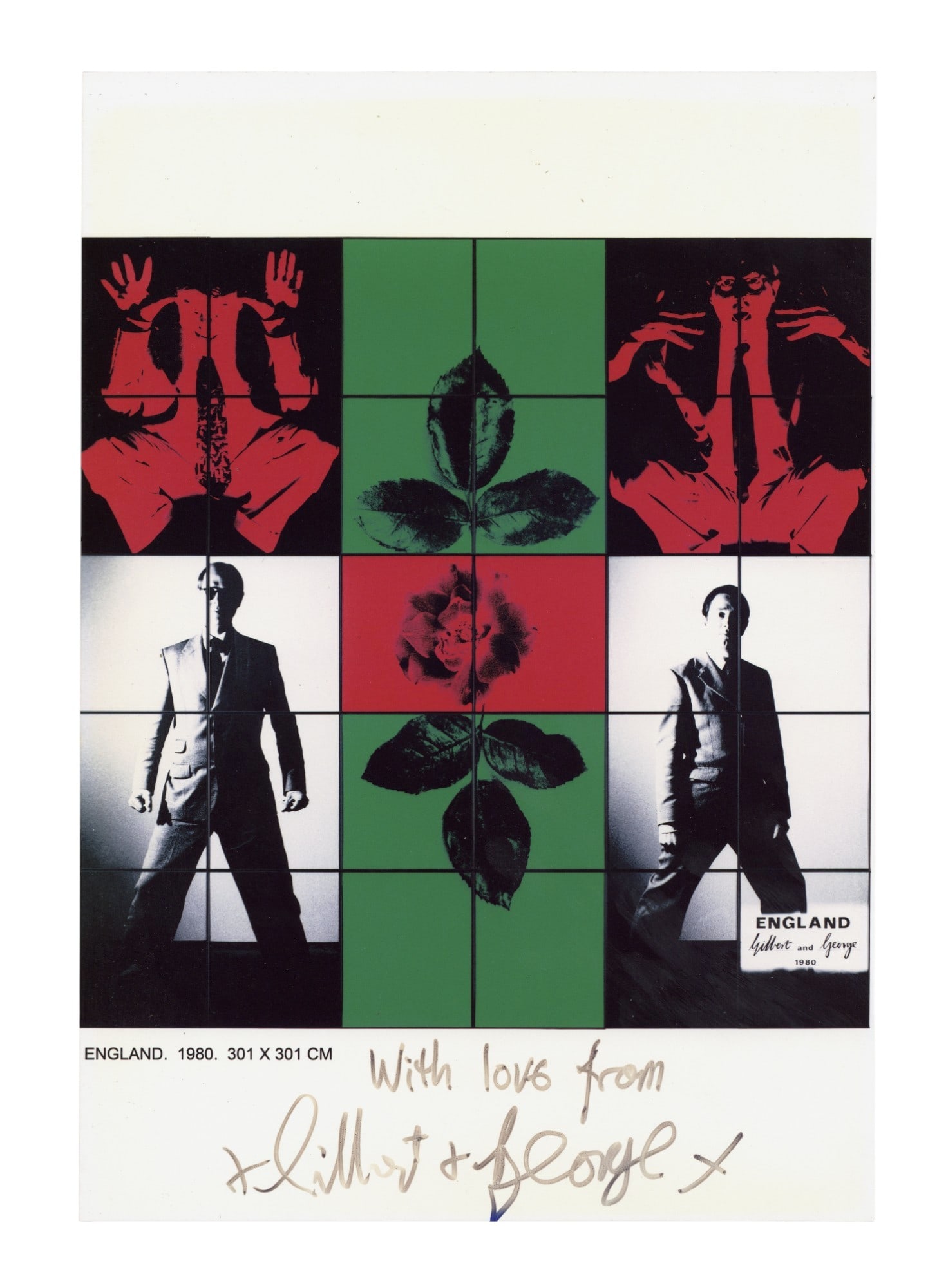 Gilbert & George Colour glossy photograph of Gilbert & George artwork England, 1980: Gilbert & George Colour glossy photograph of Gilbert & George artwork England, 1980 signed across the lower white border "With love from Gilbert & George", in very good condition. Dimensions:12 x