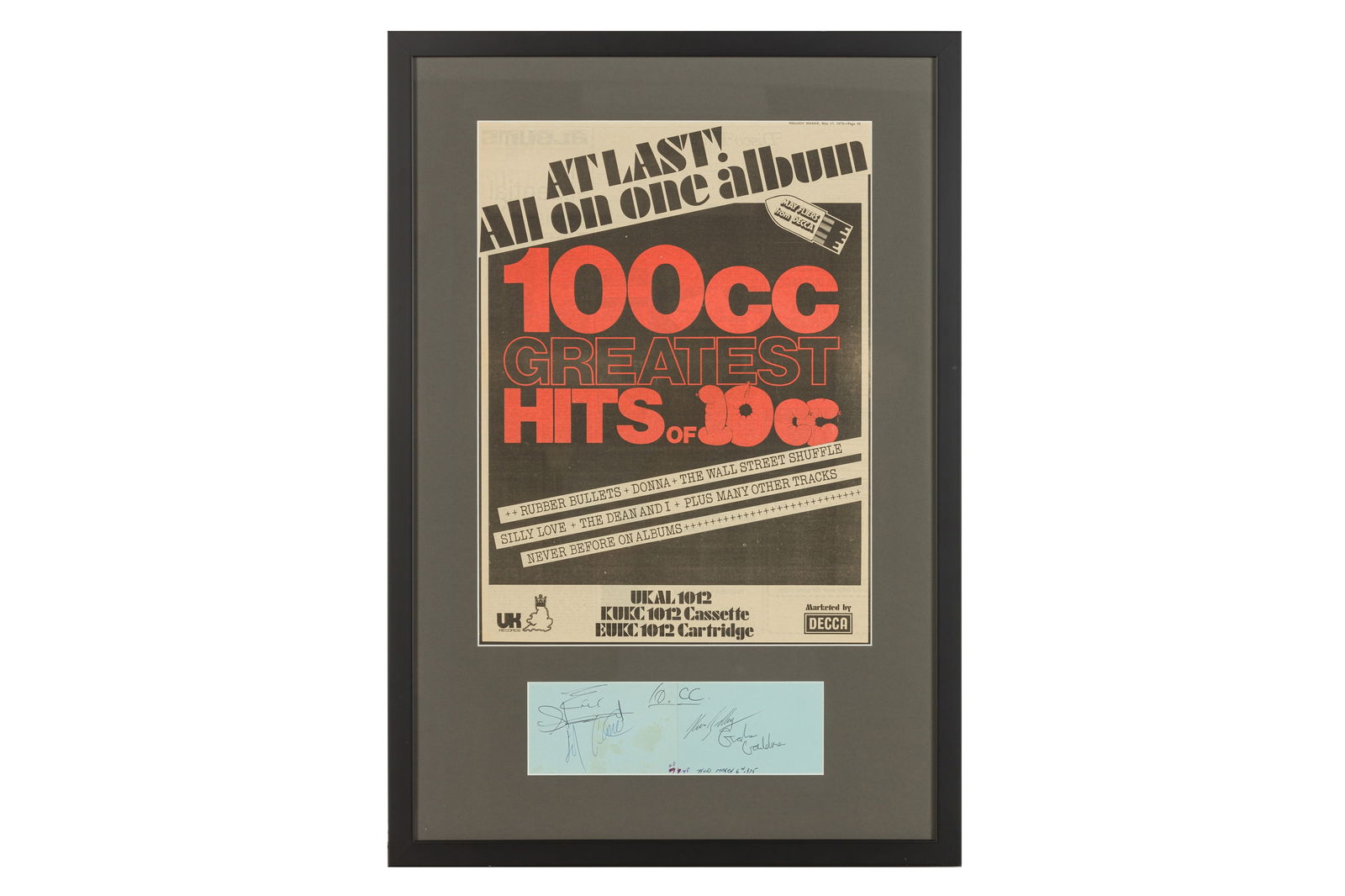 10CC Full set of signatures of the 10CC on two loose album pages: 10CC Full set of signatures of the 10CC on two loose album pages Comprising: Eric Stewart, Graham Gouldman, Laurence 'Lol' Creme and Kevin Godley, c. 1975, attractively mounted for display, framed and