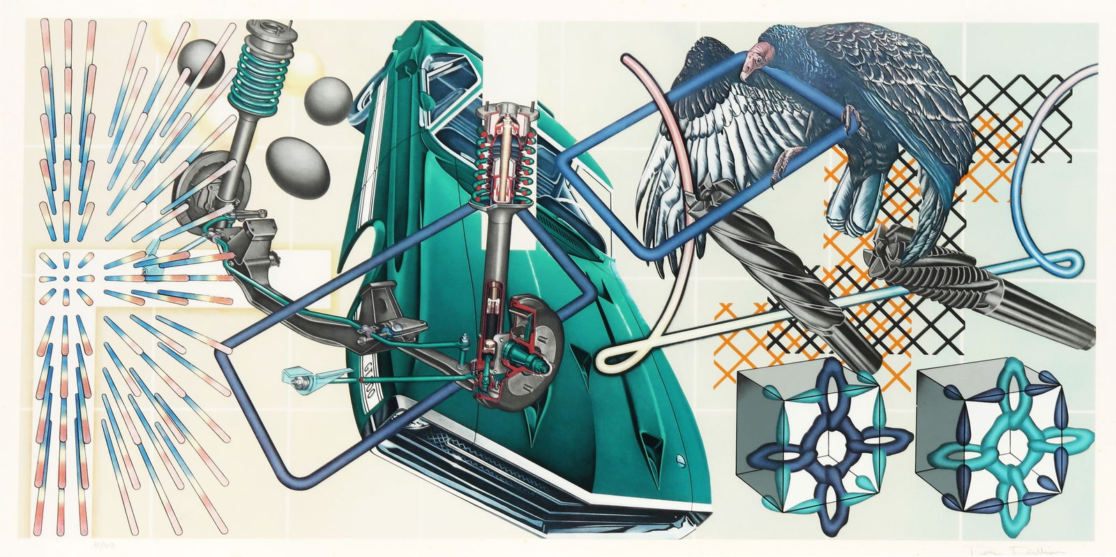 § Peter Phillips (British, 1939-2025) Front Axle: § Peter Phillips (British, 1939-2025) Front Axle 1970signed, dated and numbered 31/100 in pencillithograph in colours on woveframedARR Dimensions:image 47 x 93cm