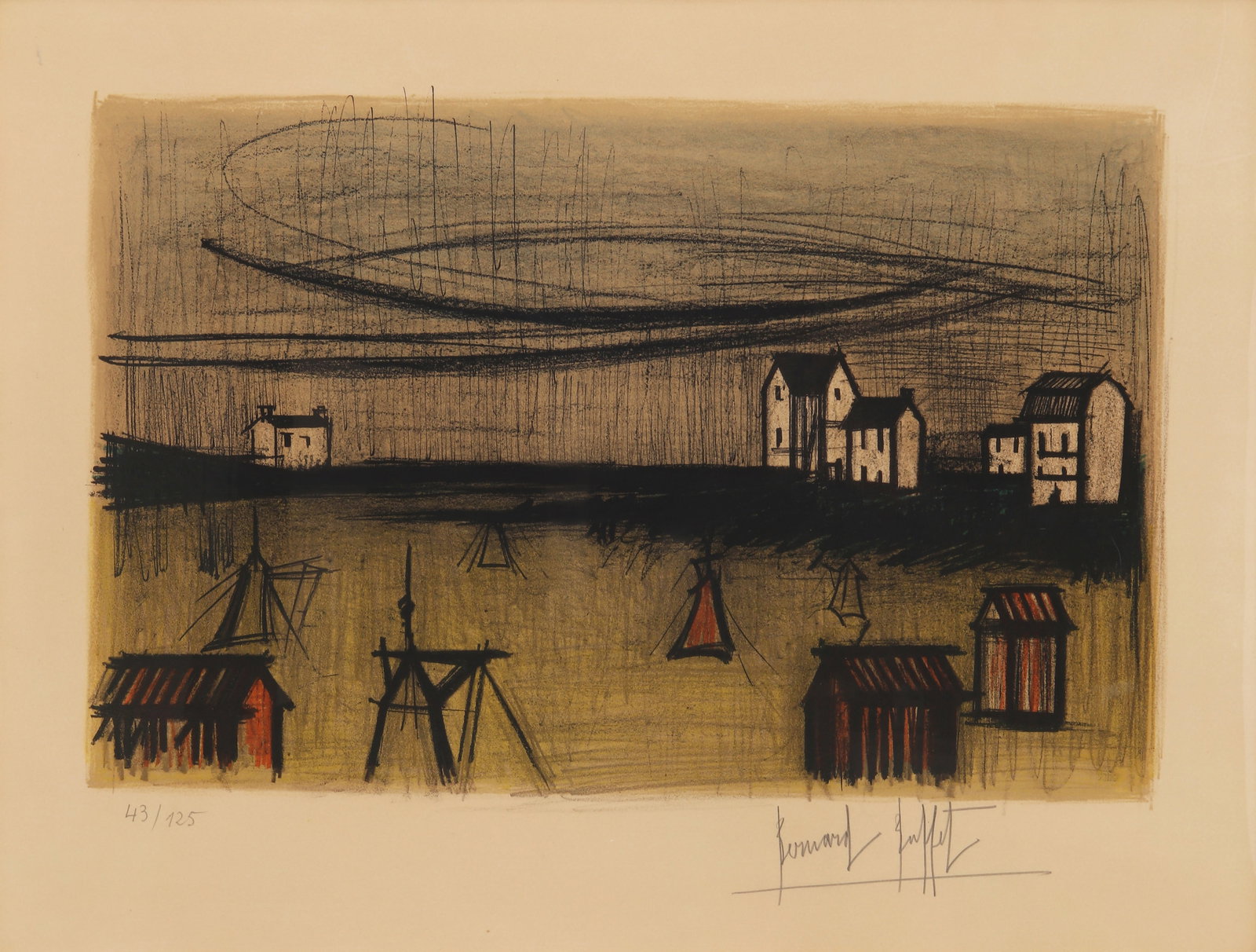 § Bernard Buffet (French, 1928-1999) A Small Beach: § Bernard Buffet (French, 1928-1999) A Small Beach 1966signed and numbered 42/125 in pencillithograph in colours on woveframedARR Dimensions:image 35 x 55cm