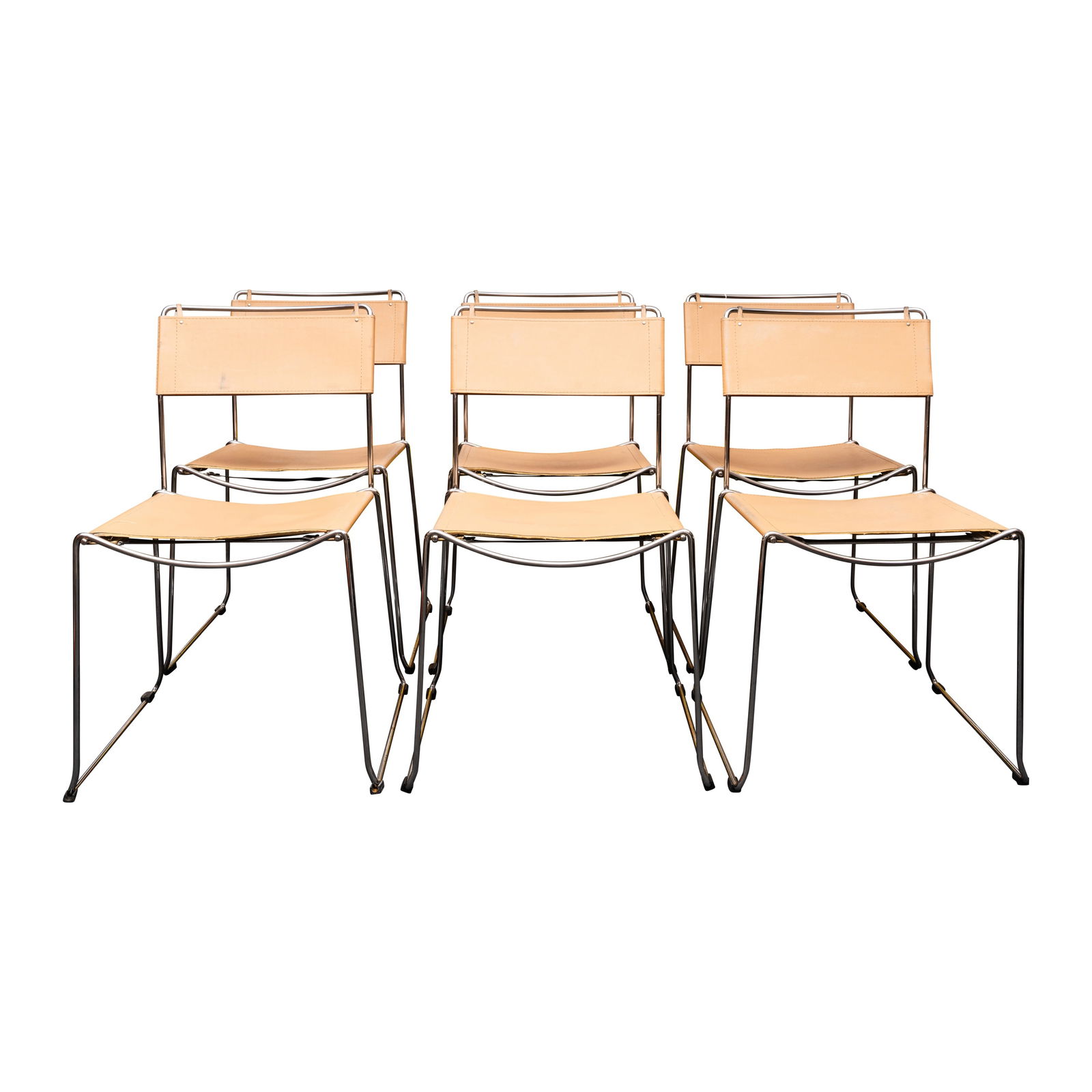 Pascal Mourgue (French 1943-2014) Ligne Roset, France Set of six 'Fil' chairs: Pascal Mourgue (French 1943-2014) Ligne Roset, France Set of six 'Fil' chairs Circa 2000sBeige leather, chrome80cm high x 44cm wide x 39cm deep