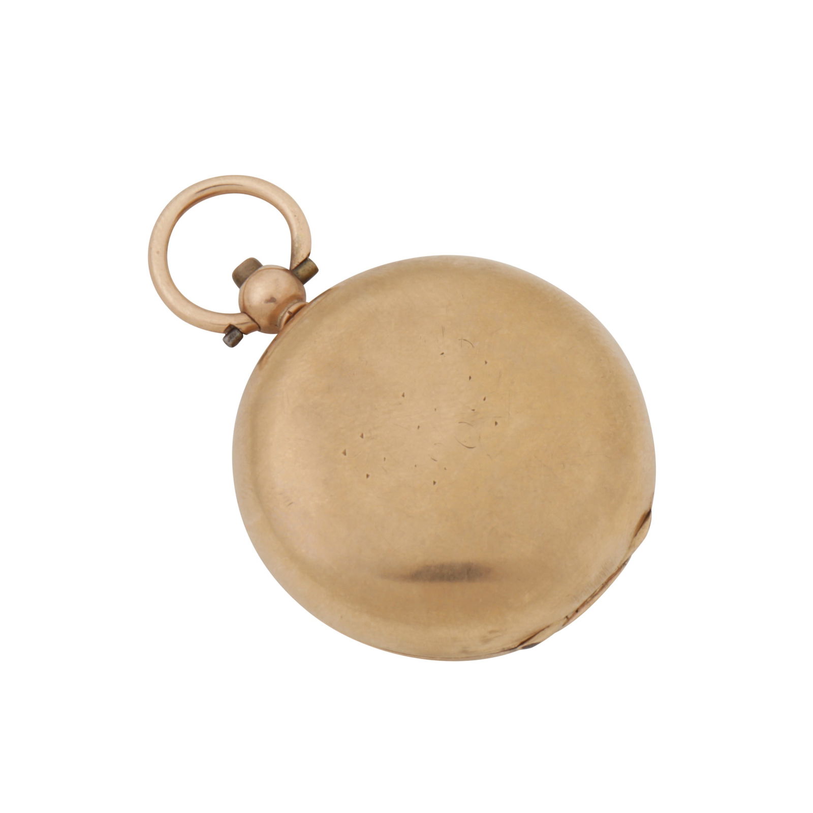 Bimingham 1906, maker's mark obscured An Edwardian 9 carat gold sovereign holder: Bimingham 1906, maker's mark obscured An Edwardian 9 carat gold sovereign holder Of circular form, with a hinged lid to a push button release revealing a horse shoe coin holder. Suspension ring. Len