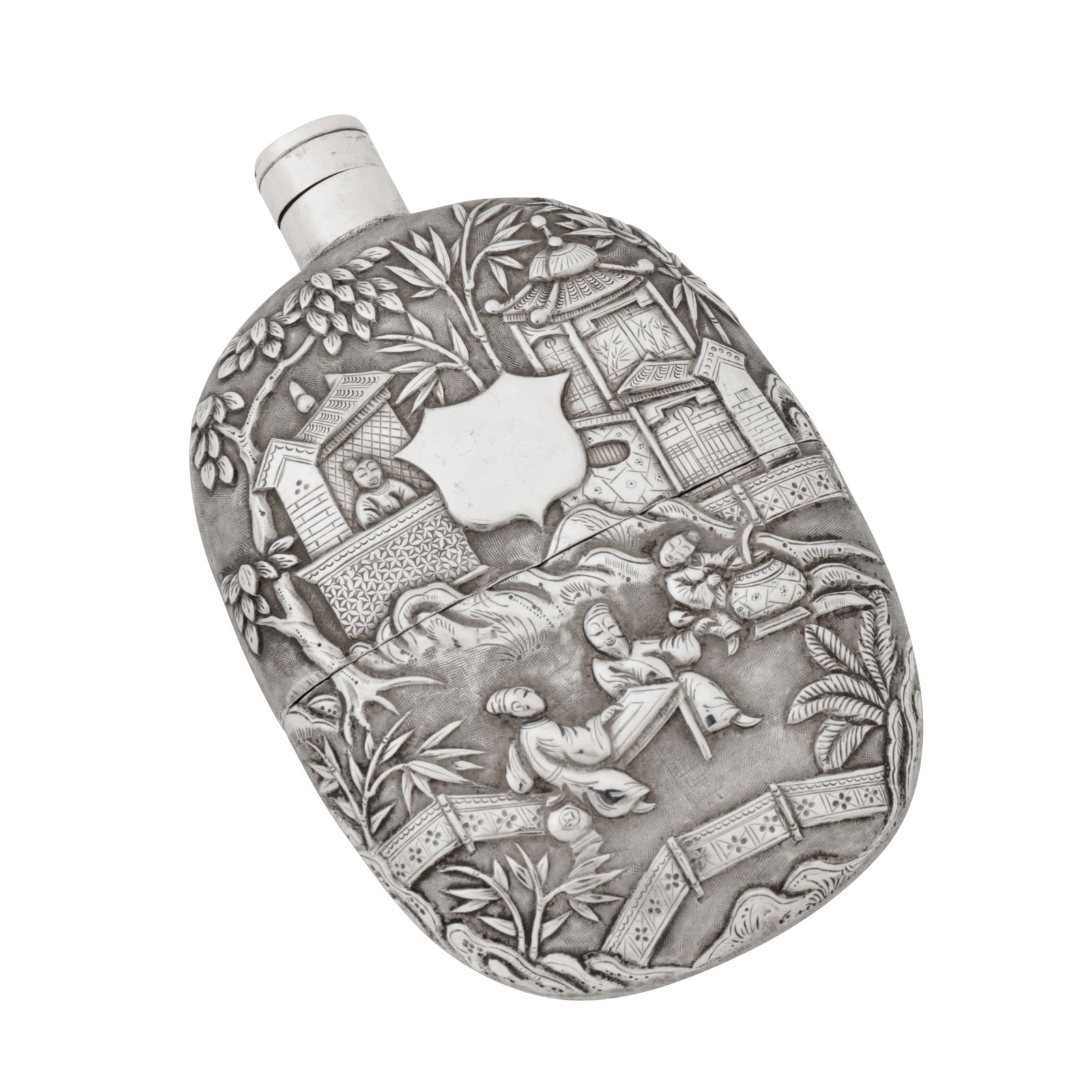Canton circa 1880 A late 19th century Chinese export unmarked silver spirit of hip flask: Canton circa 1880 A late 19th century Chinese export unmarked silver spirit of hip flask Qing dynasty. Of oval form, cylindrical screw cap. Pull off base cap. The body with chased decoration of figura