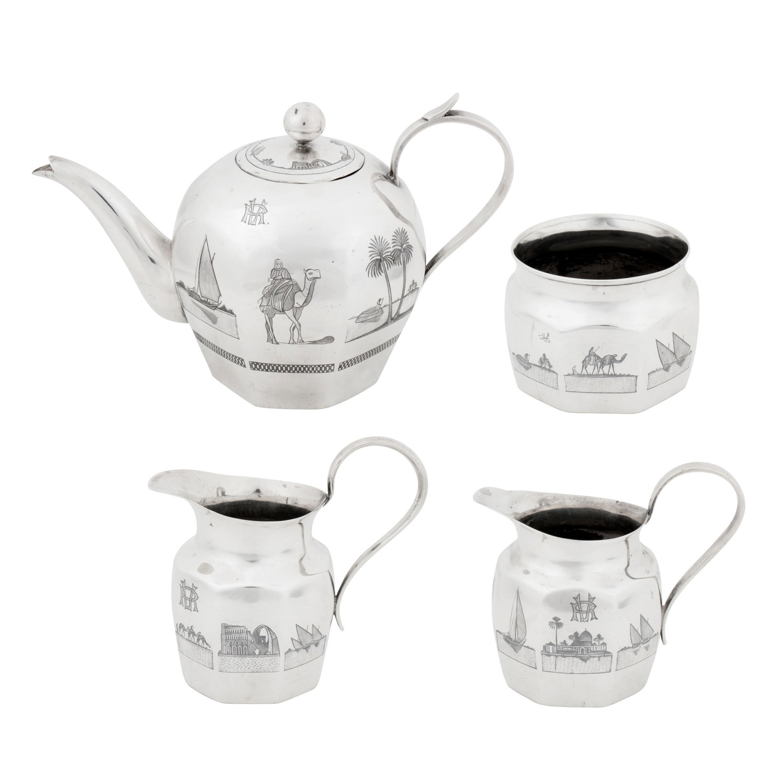 Omara circa 1930, signed Abed Al Jabbar An early 20th century Iraqi silver and niello four-piece tea (1 of 11)